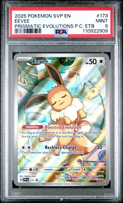 2025 POKEMON PRISMATIC EVOLUTIONS POKEMON CENTER ETB PROMO EN #173 EEVEE PSA 9 - Image 1