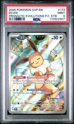 2025 POKEMON PRISMATIC EVOLUTIONS POKEMON CENTER ETB PROMO EN #173 EEVEE PSA 9 - Image 1