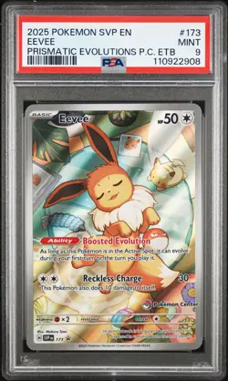 2025 POKEMON PRISMATIC EVOLUTIONS POKEMON CENTER ETB PROMO EN #173 EEVEE PSA 9 - Image 1