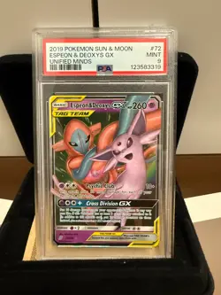 2019 POKEMON SUN & MOON UNIFIED MINDS #72 ULTRA RARE ESPEON & DEOXYS GX PSA 9 - Image 1
