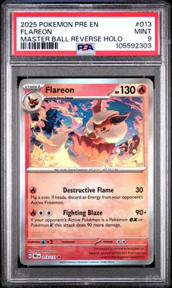 2025 POKEMON PRE EN-PRISMATIC EVOLUTIONS MASTER BALL REVERSE HOLO FLAREON PSA 9 - Image 1