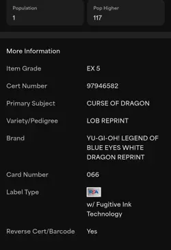 2010 Curse of Dragon Vintage LOB-066 - Yugioh Reprint PSA Graded Card POP 1 - Image 3