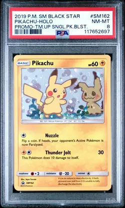 POKEMON TEAM UP SM BLACK STAR PROMO PIKACHU #SM162 HOLO PSA 8 NM #117652697 - Image 1