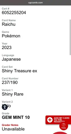 Raichu 237/190 Shiny Treasure ex JP Pokemon TCG Graded CGC 10 Gem Mint - Image 3