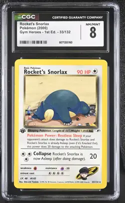 CGC 8 Rocket's Snorlax 2000 Gym Heroes 1st Edition 33/132 Pokemon Card - Image 1