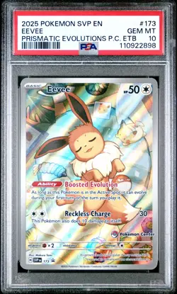 2025 POKEMON PRISMATIC EVOLUTIONS POKEMON CENTER ETB PROMO EN #173 EEVEE PSA 10 - Image 1