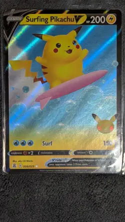 Surfing Pikachu V 008/025 SWSH Celebrations Ultra Rare Holo Pokemon TCG Card NM - Image 1
