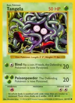Heavily Played, English Pokemon Regular Tangela - 66/102 - Common - Shadowless E - Image 1