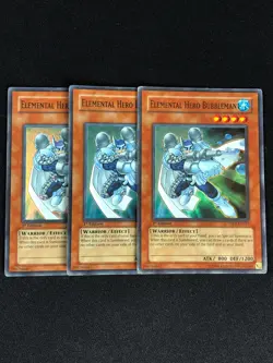 YUGIOH ELEMENTAL HERO BUBBLEMAN YSDJ-EN017 1ST SUPER HP/CREASES X3 - Image 1