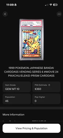 POP 46! 1999 POKEMON JPN BANDAI CARDDASS VENDING 6 ELEKID & PIKACHU-PRISM PSA 10 - Image 3