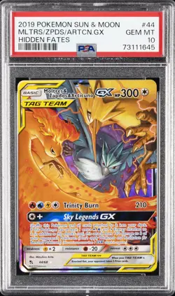 2019 POKEMON SUN & MOON HIDDEN FATES #44 MOLTRES & ZAPDOS & ARTICUNO GX PSA 10 - Image 1