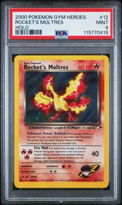 2000 Pokemon Rocket's Moltres Gym Heroes Unlimited Holo Rare #12 PSA 9 Mint TCG - Image 1