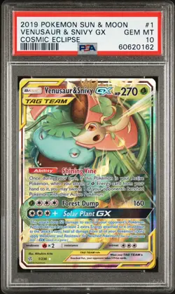 2019 POKEMON SUN & MOON COSMIC ECLIPSE #1 VENUSAUR & SNIVY GX PSA 10 - Image 1