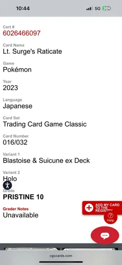 Pokemon Lt. Surge's Raticate CLB Blastoise/Suicune ex Deck #016 CGC 10 Pristine - Image 3