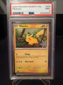 Pokemon TCG Pikachu 2025 Holiday Calender Snowflake Stamped #25 PSA 9 Mint - Image 1