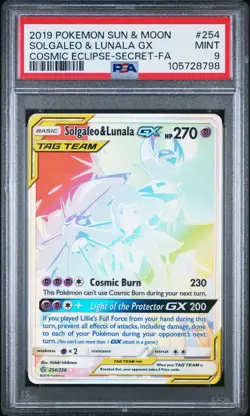 2019 POKEMON SUN & MOON COSMIC ECLIPSE #254 FULL ART/SOLGALEO & LUNALA GX PSA 9 - Image 1