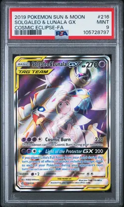 2019 POKEMON SUN & MOON COSMIC ECLIPSE #216 FULL ART/SOLGALEO & LUNALA GX PSA 9 - Image 1