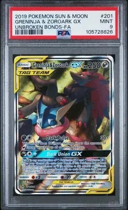 2019 POKEMON SUN & MOON UNBROKEN BONDS #201 FULL ART/GRENINJA & ZOROARK GX PSA 9 - Image 1