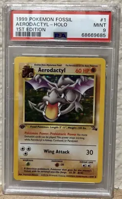 1999 Pokemon Fossil Aerodactyl Card #1/62 Holo, 1st Ed PSA 9 Mint, Holo Rare - Image 1
