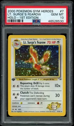 PSA 10 Lt. Surge's Fearow - Holo 1st Edition 7/132 Gym Heroes Graded Pokemon - Image 1