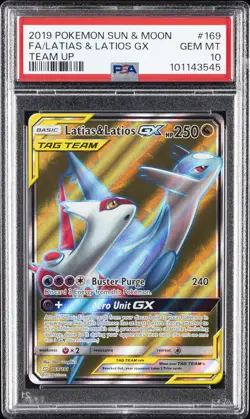 2019 POKEMON SUN & MOON TEAM UP #169 FULL ART/LATIAS & LATIOS GX PSA 10 - Image 1