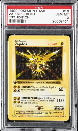 1999 POKEMON BASE SET 1ST EDITION SHADOWLESS #16 ZAPDOS HOLO PSA 10 - Image 1