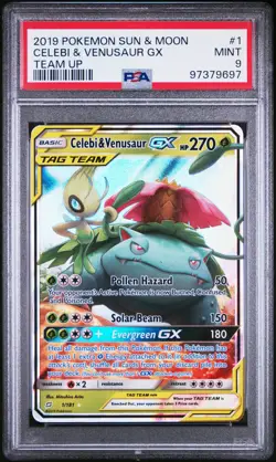 2019 POKEMON SUN & MOON TEAM UP #1 CELEBI & VENUSAUR GX PSA 9 - Image 1