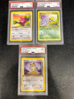 Lot 3 1999 Pokemon Jungle 1st Edition Cards PSA 5-9 Meowth Bellsprout Jigglypuff - Image 1
