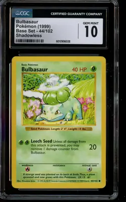 CGC 10 GEM MINT Pokemon Bulbasaur Base Set Shadowless Card 44/102 - Image 1