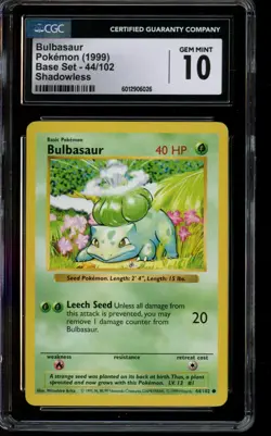 CGC 10 GEM MINT Pokemon Bulbasaur Base Set Shadowless Card 44/102 - Image 1