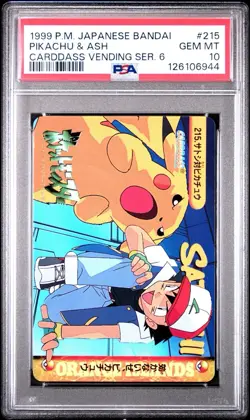 POP 36 1999 POKEMON JPN BANDAI CARDDASS VENDING SER 6 #215 PIKACHU & ASH PSA 10 - Image 1