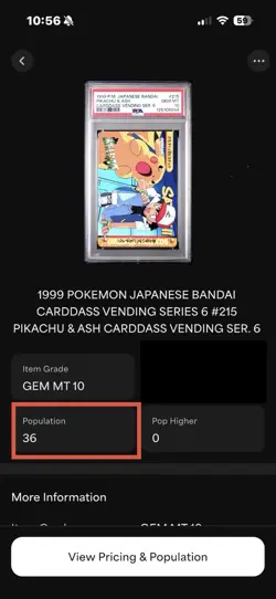 POP 36 1999 POKEMON JPN BANDAI CARDDASS VENDING SER 6 #215 PIKACHU & ASH PSA 10 - Image 3