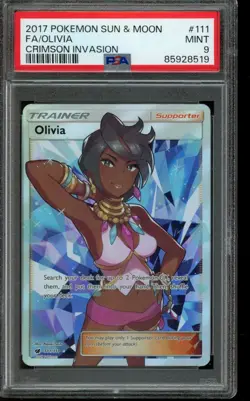 PSA 9 MINT Pokemon Olivia Full Art Sun & Moon #111 Crimson Invasion - Image 1
