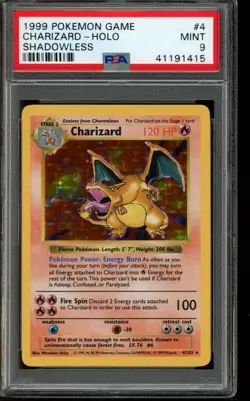 PSA 9 MINT Pokemon Charizard Base Set Shadowless Holo 4/102 1999 - Image 1