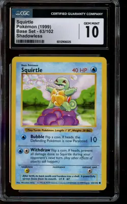 CGC 10 GEM MINT Pokemon Squirtle Base Set Shadowless 63/102 - Image 1