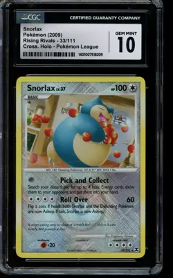 CGC 10 GEM MINT Pokemon Snorlax Lv.37 Rising Rivals Pokemon League 33/111 2009 - Image 1
