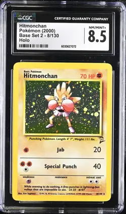 CGC 8.5 Hitmonchan 2000 Base Set 2 8/130 Holo SWIRL Pokemon Card - Image 1