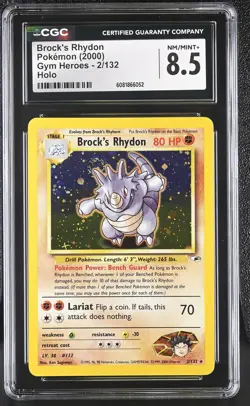 CGC 8.5 Brock's Rhydon 2000 Gym Heroes 2/132 Holo SWIRL Pokemon Card - Image 1