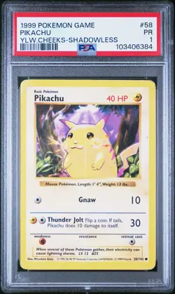 1999 POKEMON BASE SET SHADOWLESS YELLOW CHEEKS #58 PIKACHU PSA 1 - Image 1