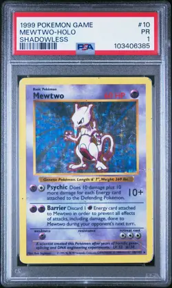 1999 POKEMON BASE SET SHADOWLESS #10 MEWTWO-HOLO PSA 1 - Image 1