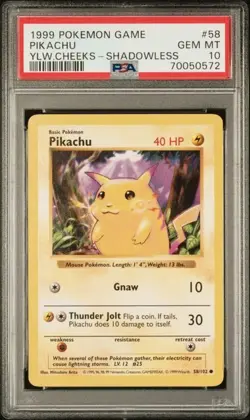 1999 POKEMON GAME BASE SET #58 PIKACHU YELLOW CHEEKS SHADOWLESS PSA 10 GEM MINT - Image 1