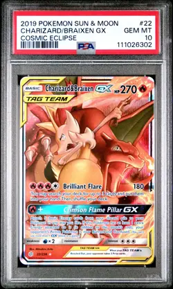 2019 POKEMON SUN & MOON COSMIC ECLIPSE #22 CHARIZARD & BRAIXEN GX PSA 10 - Image 1
