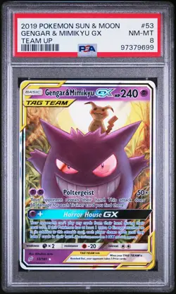 2019 POKEMON SUN & MOON TEAM UP #53 GENGAR & MIMIKYU GX PSA 8 - Image 1
