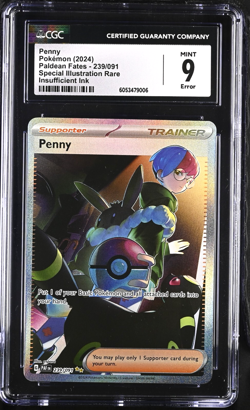 CGC Mint 9 Penny 239/091 Paldean Fates Full Art Trainer Holo Error Card Pokemon - Image 1