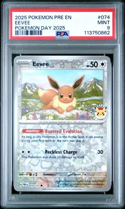 2025 POKEMON PRE EN-PRISMATIC EVOLUTIONS POKEMON DAY 2025 #074 EEVEE PSA 9 - Image 1