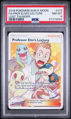 2018 POKEMON SUN & MOON LOST THUNDER #213 FULL ART/PROFESSOR ELM'S LECTURE PSA 8 - Image 1