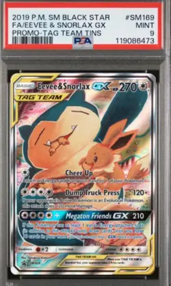 2019 POKEMON BLACK STAR PROMO #SM169 EEVEE SNORLAX GX TAG TEAM PROMO TINS PSA 9 - Image 1