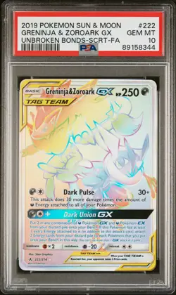 2019 POKEMON SUN & MOON UNBROKEN BONDS FULL ART/GRENINJA & ZOROARK GX PSA 10 - Image 1