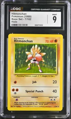 CGC 9 MINT Hitmonchan 1999 Base 7/102 Holo Pokemon Card psa - Image 1