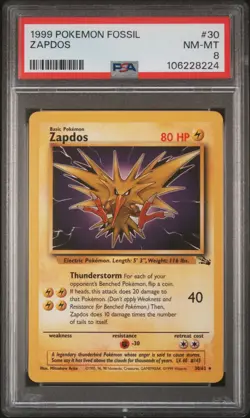 1999 POKEMON FOSSIL #30 ZAPDOS PSA 8 - Image 1